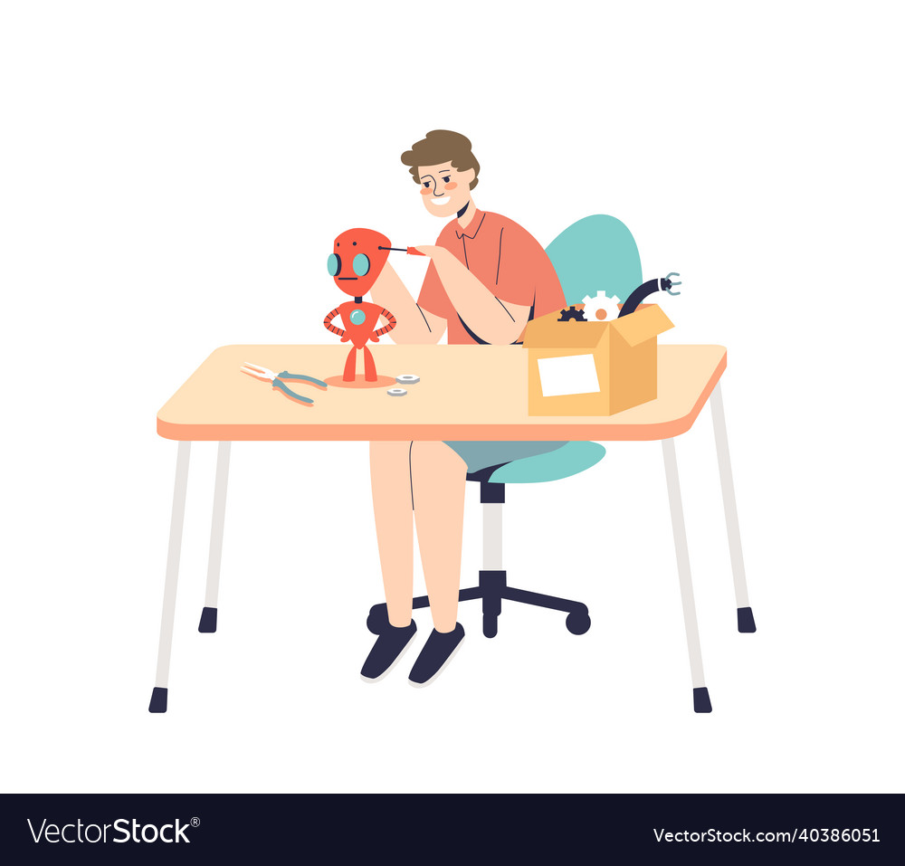Kid boy making robot using screwdriver tools vector image Kid boy making robot using screwdriver tools