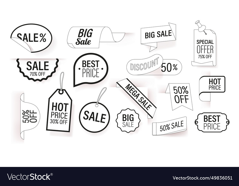 Sale labels in black and white hues featuring