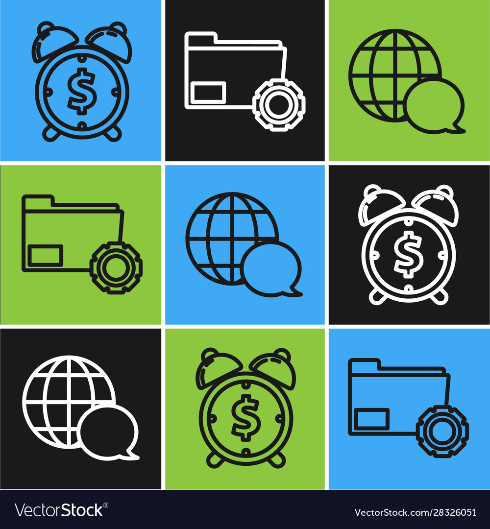 Set line alarm clock with dollar symbol world map vector image Set line alarm clock with dollar symbol world map