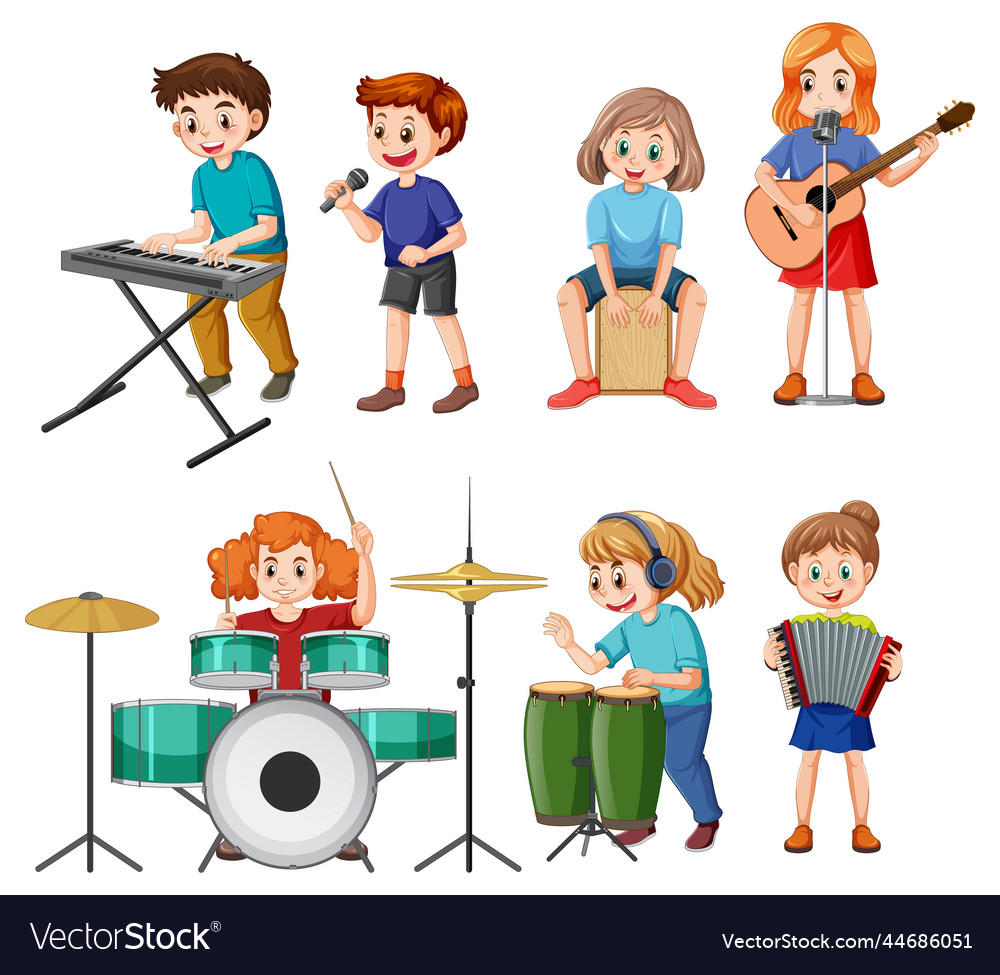 Set of kids playing different musical instrument Vector Image