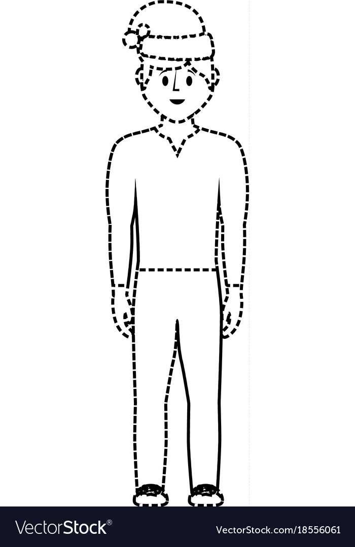 Flat line uncolored man with santa hat sticker