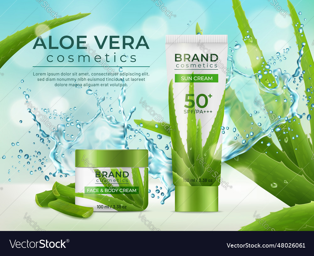 Green aloe vera cosmetics with water splash cream Vector Image