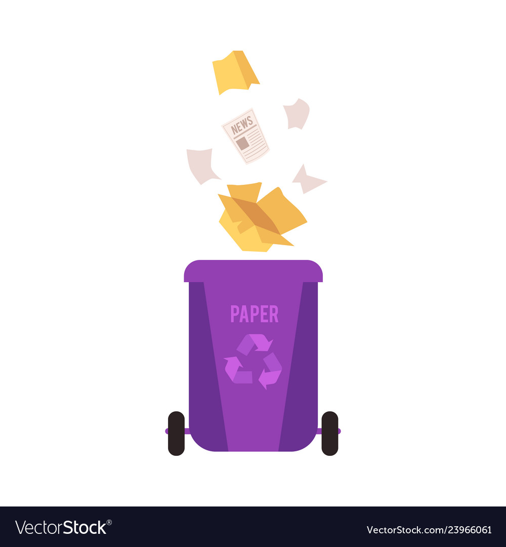 Rubbish violet bin with falling paper waste