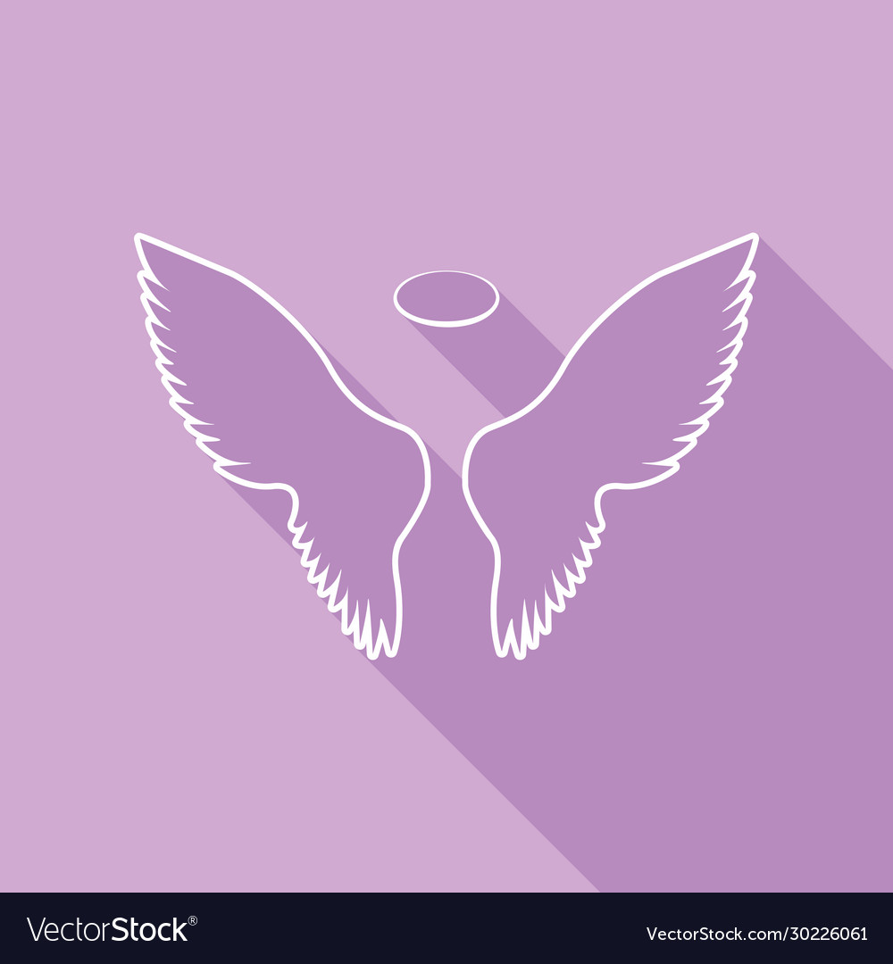 Wings sign white icon with long shadow at purple