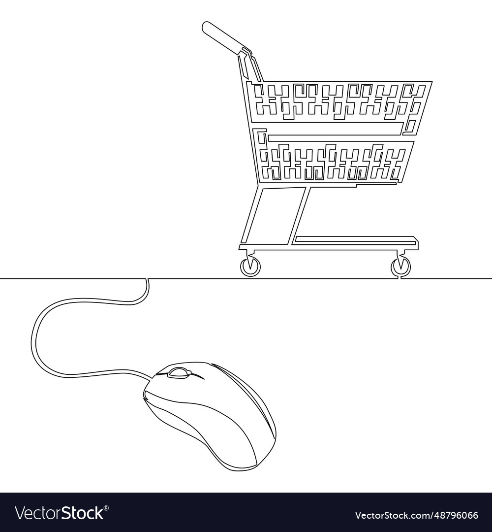 Continuous line mouse connected to a shopping cart vector image Continuous line mouse connected to a shopping cart