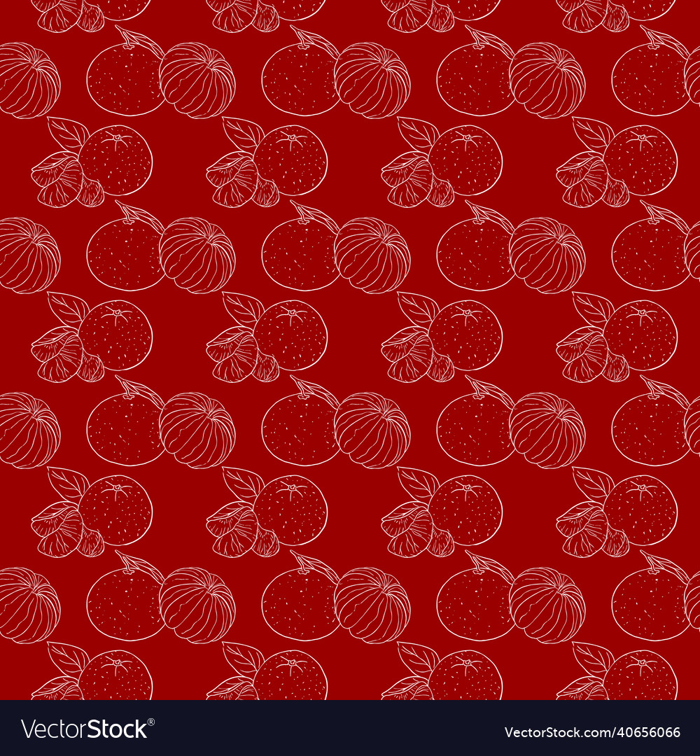 Tangerine outline pattern on red background vector image Tangerine outline pattern on red background