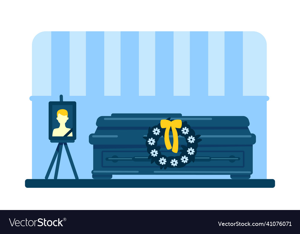 Dead young man coffin and photo flat color