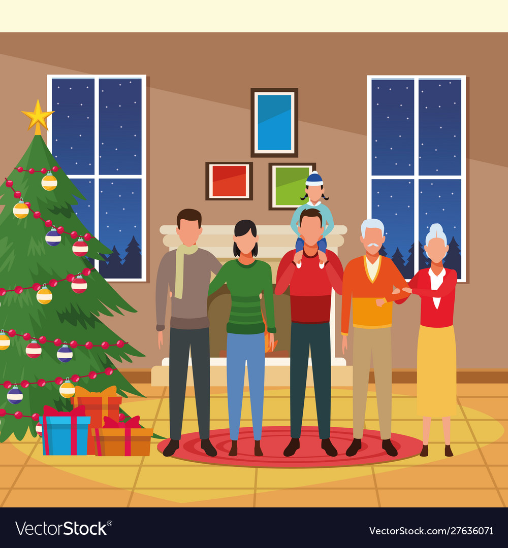 House with christmas decoration and happy family Vector Image