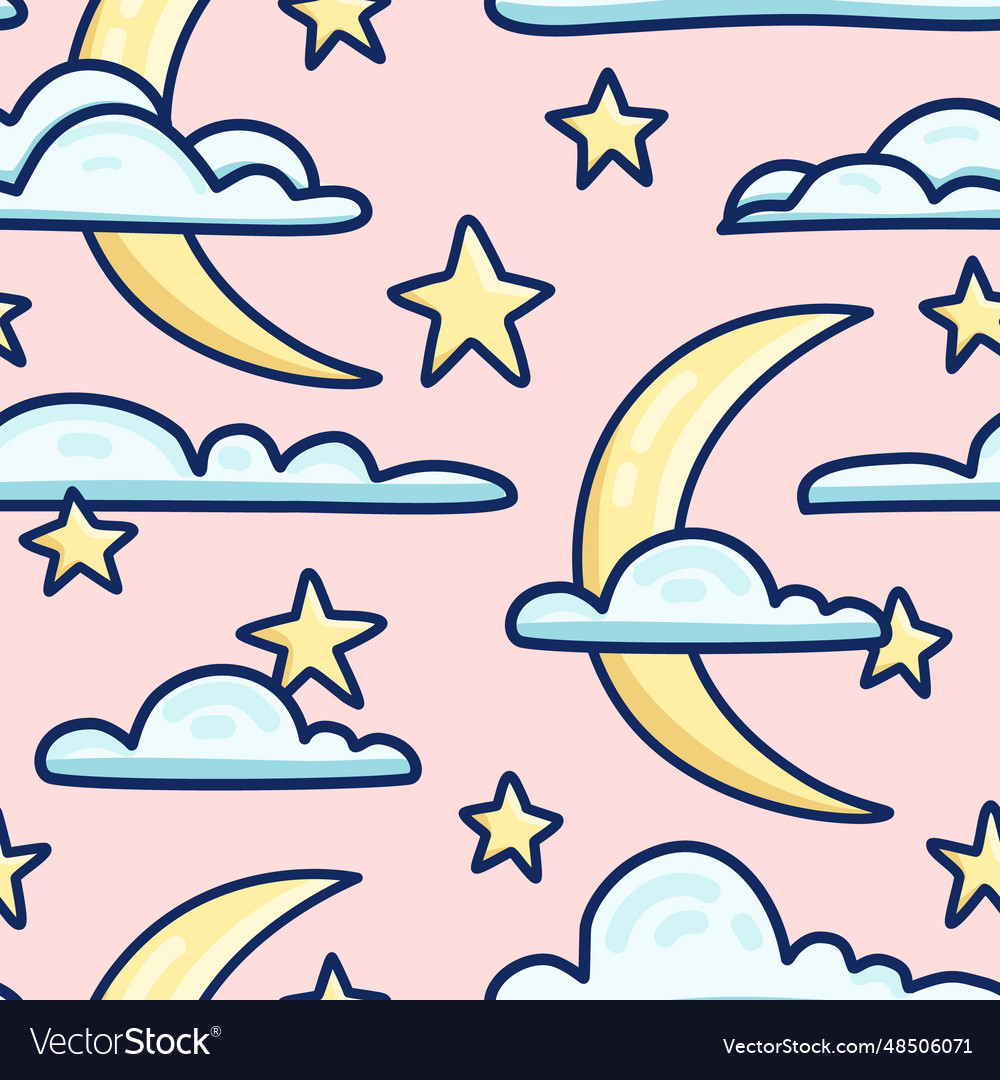 Simple cute pattern with clouds and moon in sky