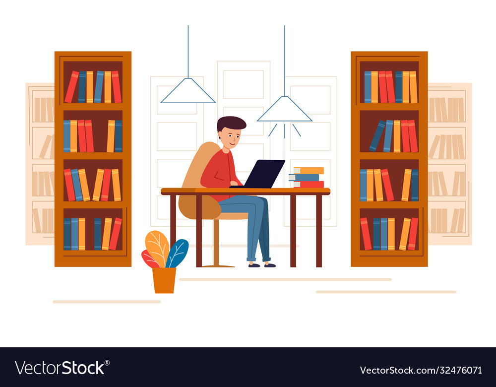 Young man sitting in library and reading