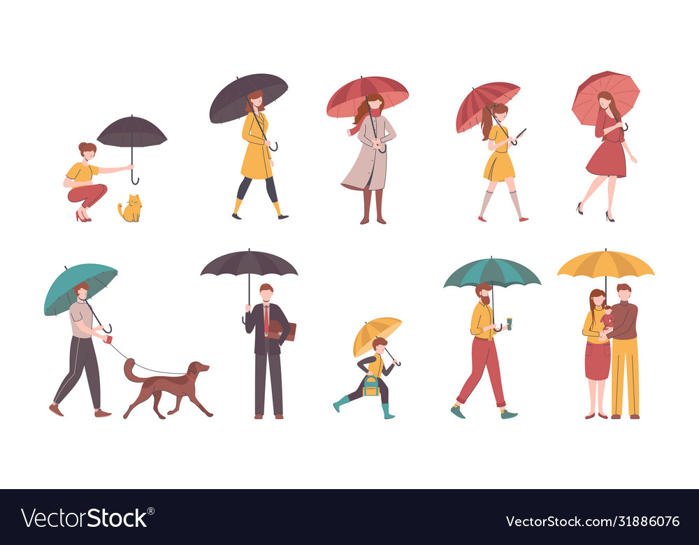 Cartoon color characters people holding umbrella