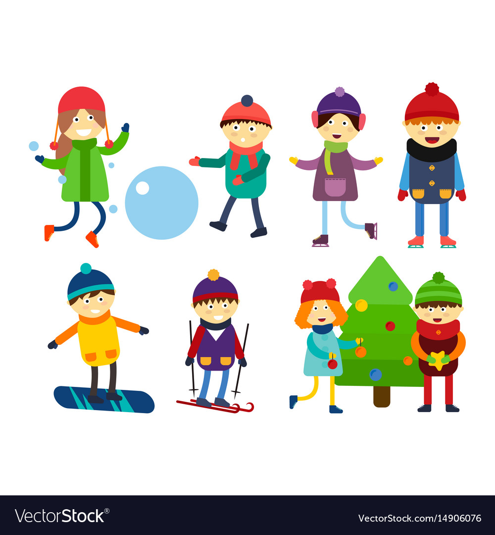 Christmas kids playing winter games skiing