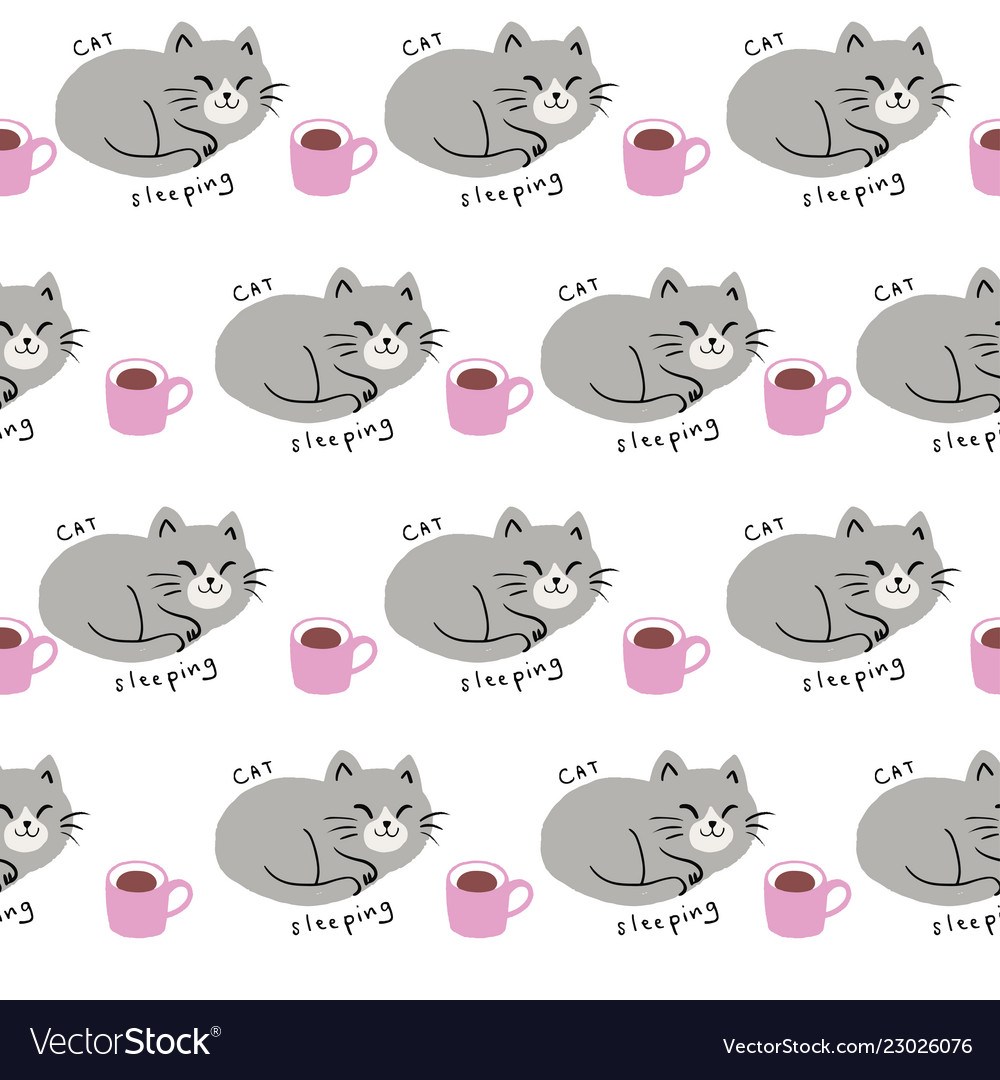 Cute seamless pattern cat sleeping and coffee cup