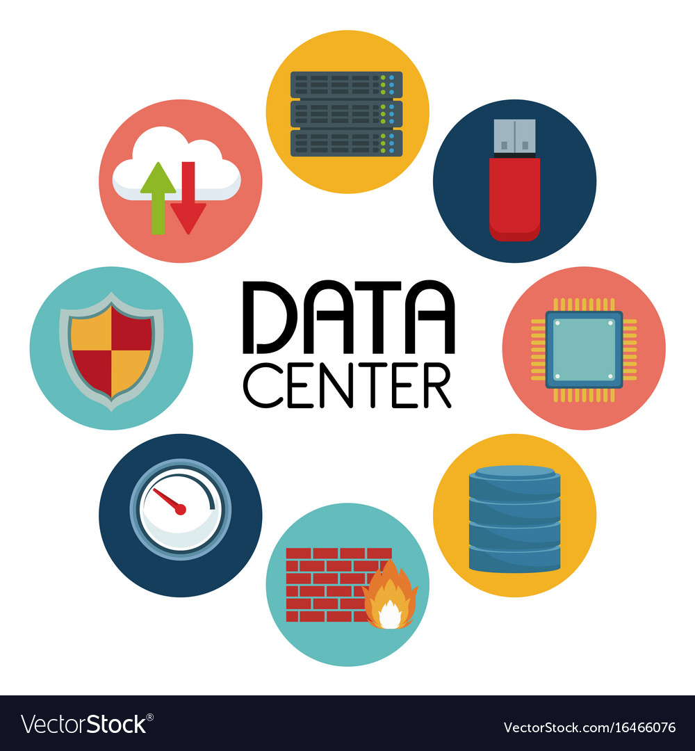 White background with text data center an icons