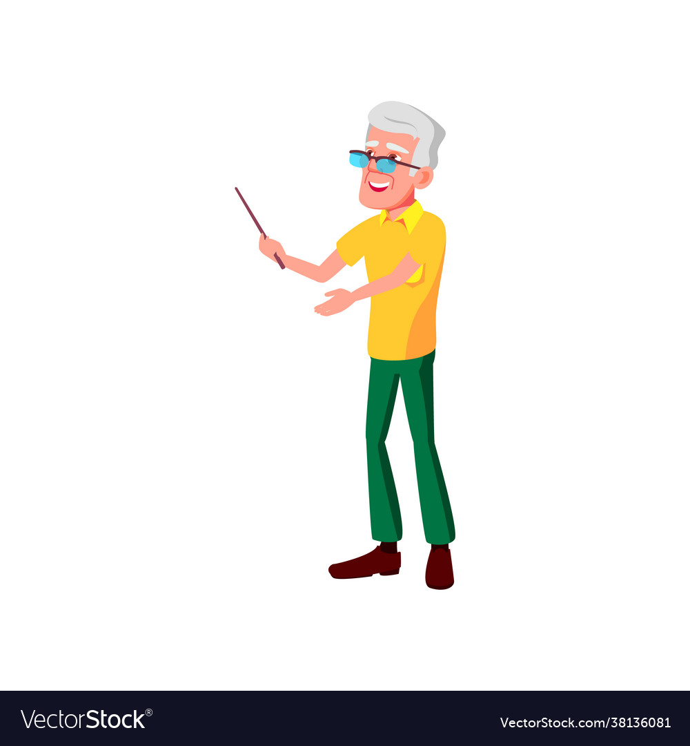 Aged man teacher pointing at map with stick