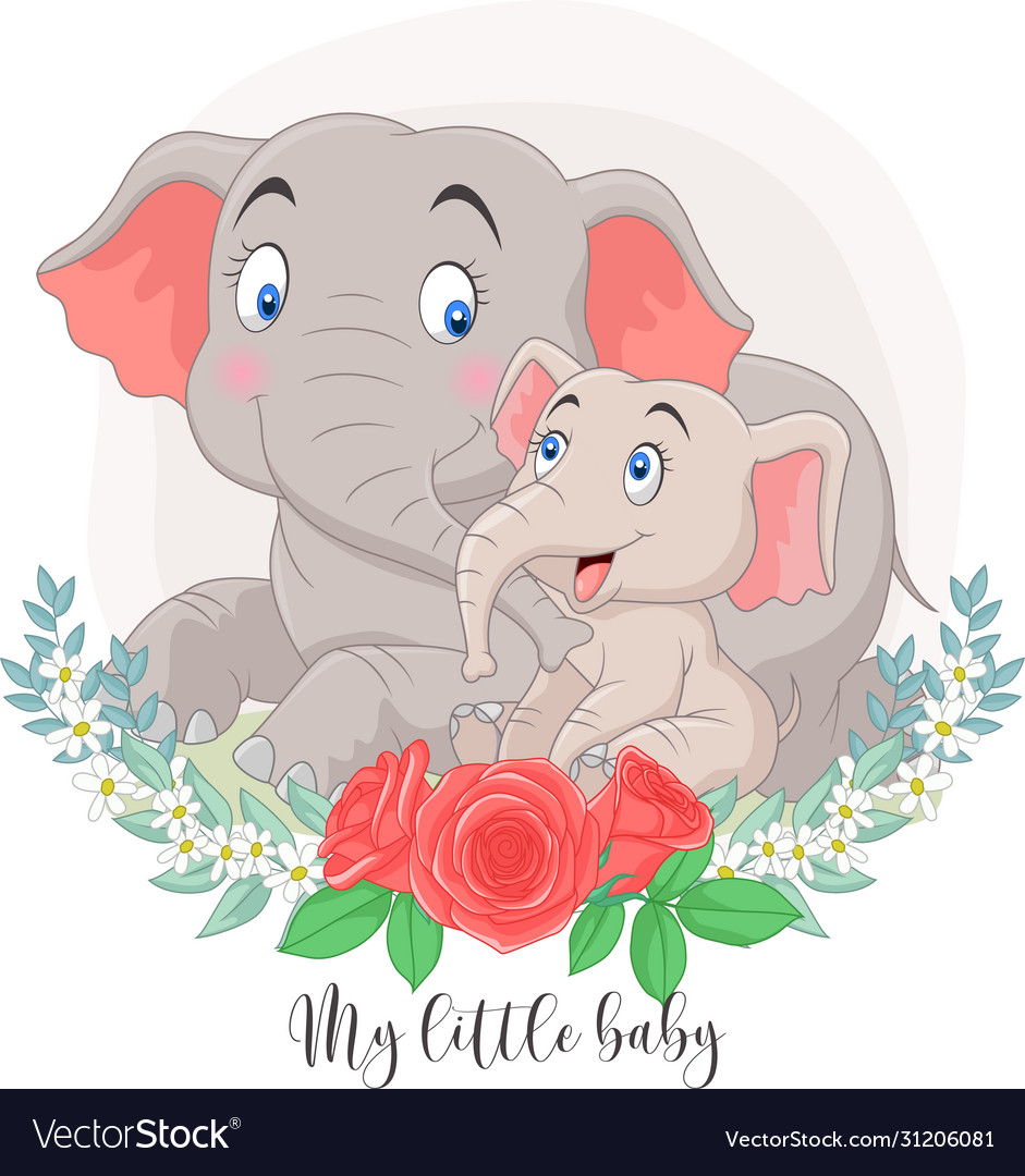 Cartoon mother and baby elephant sitting