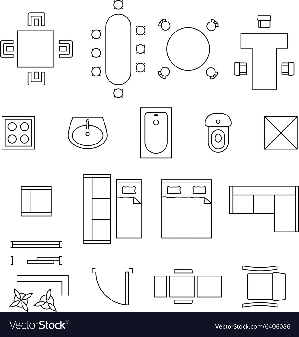 Furniture linear symbols  Floor plan  icons  Vector Image