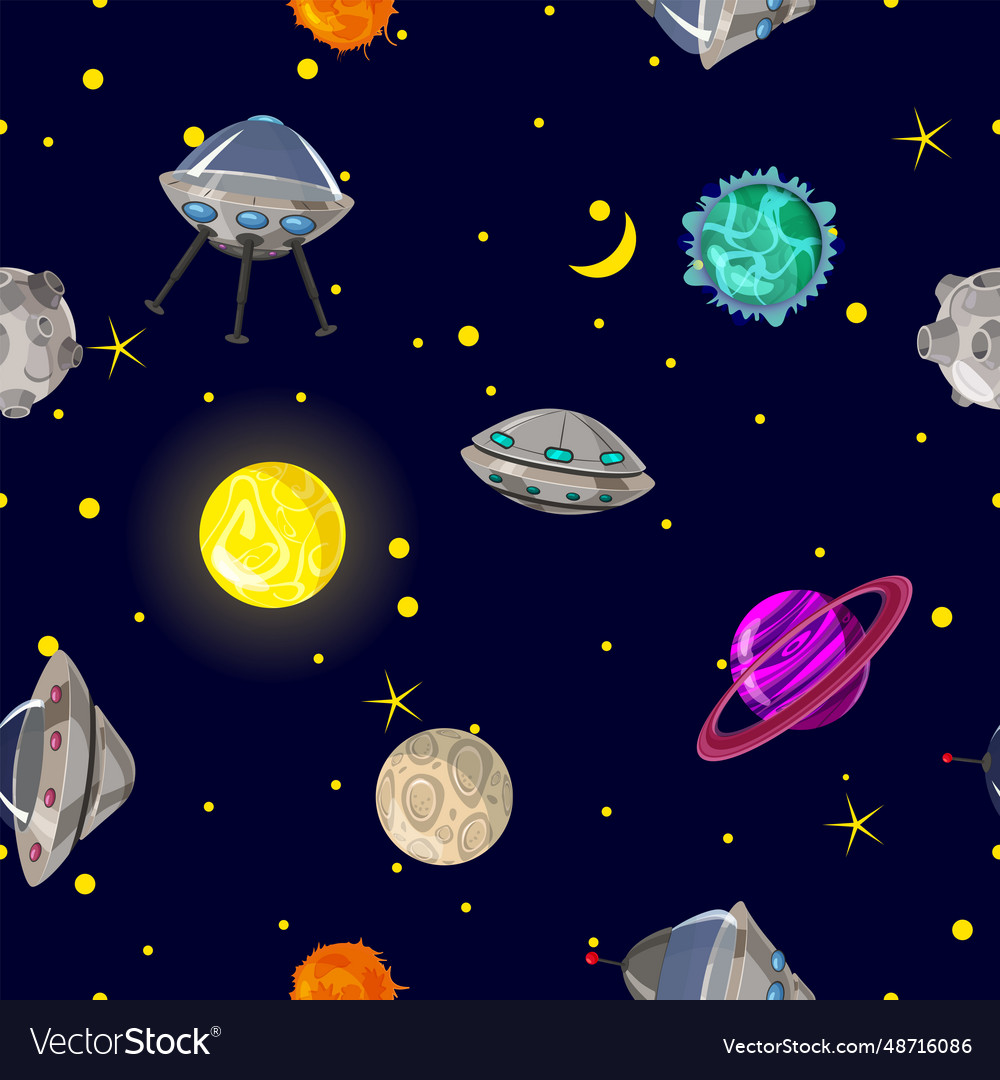 Seamless pattern space planets rockets and stars Vector Image