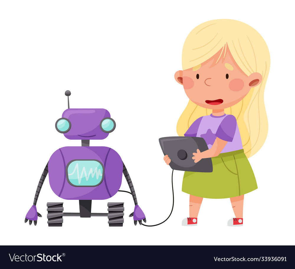 Cute girl standing with tablet pc Vector Image Cute girl standing with tablet pc