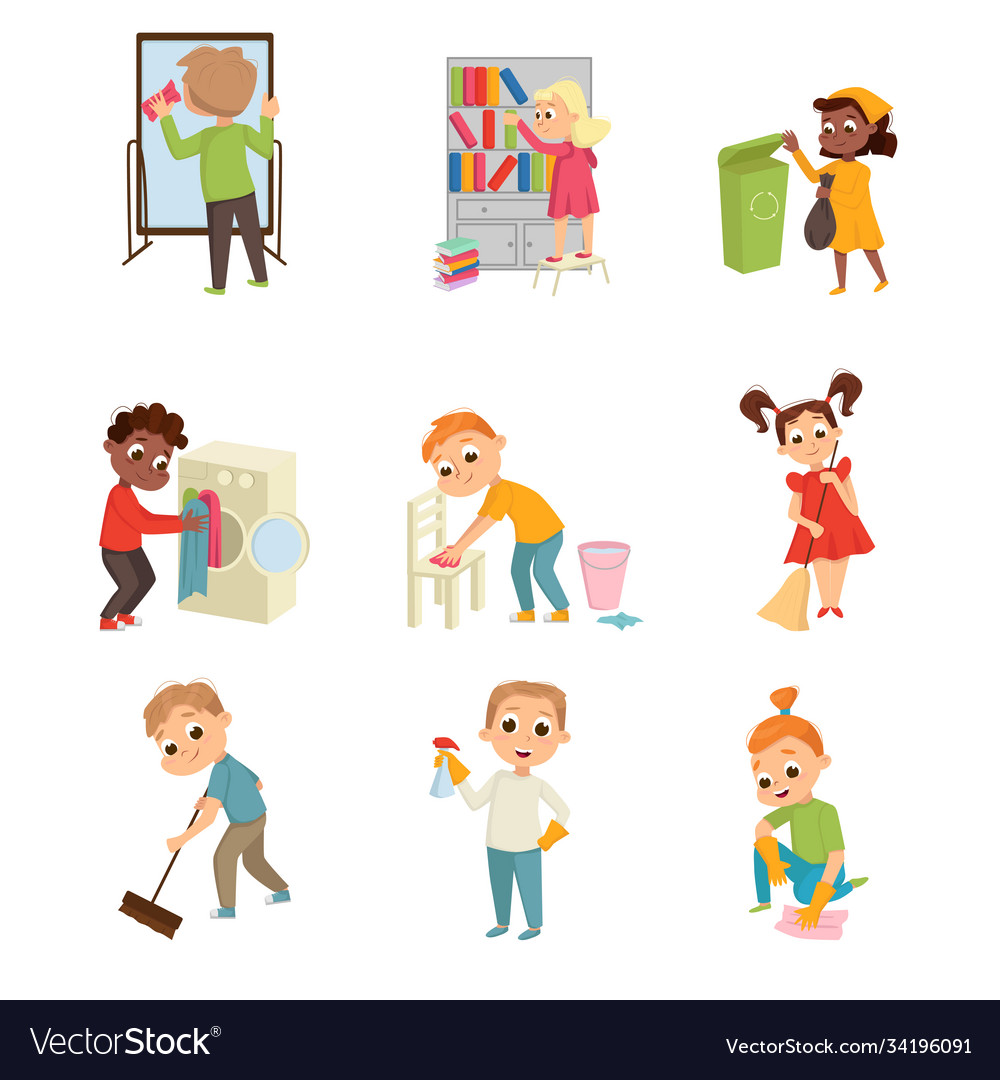 Energetic children doing housecleaning rubbing Vector Image