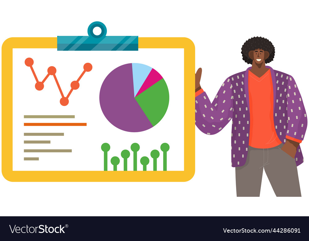 Man analyses digital report with data statistical vector image Man analyses digital report with data statistical