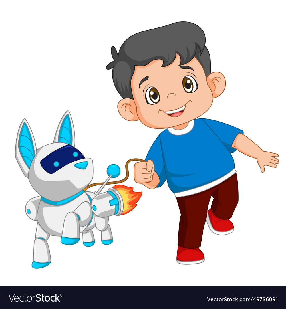 Young boy playing with cyber dog using jetpack Vector Image