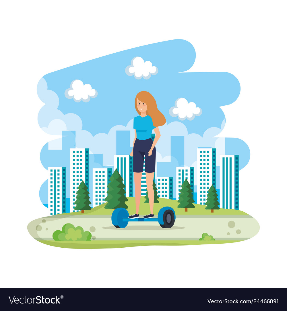 Young woman in hoverboard electric the field