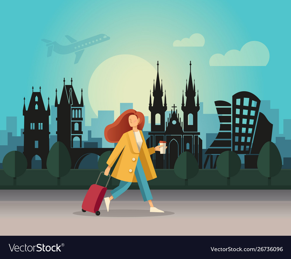 A girl with suitcase and walking