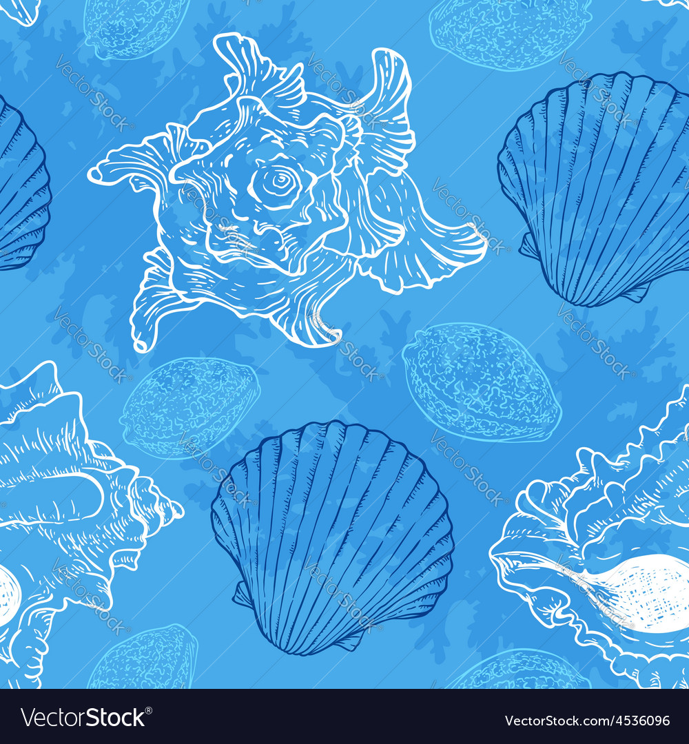 Blue seamless pattern with sea shells