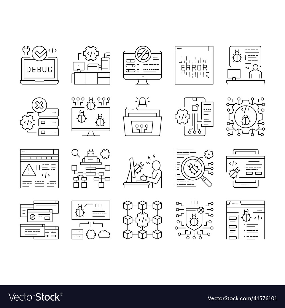 Debug research and fix collection icons set vector image Debug research and fix collection icons set