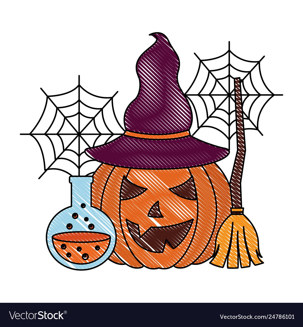 Halloween pumpkin with hat flask potion and broom