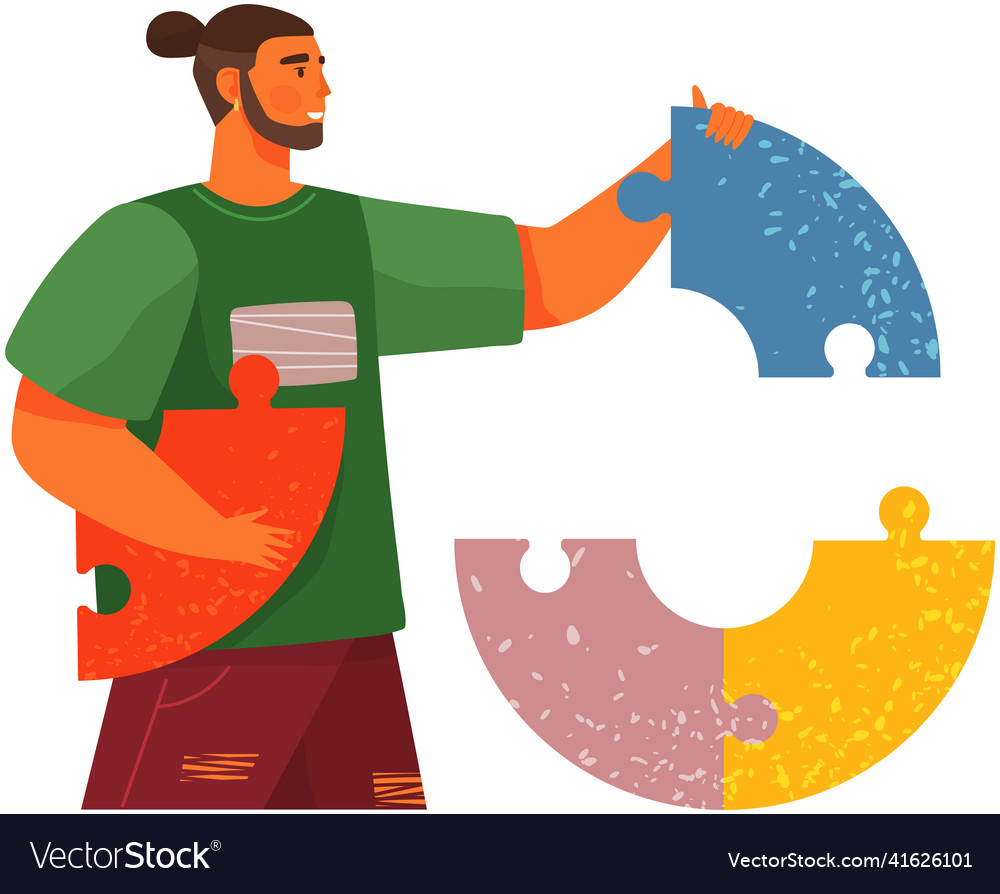 Man is trying to combine puzzle cognitive vector image Man is trying to combine puzzle cognitive