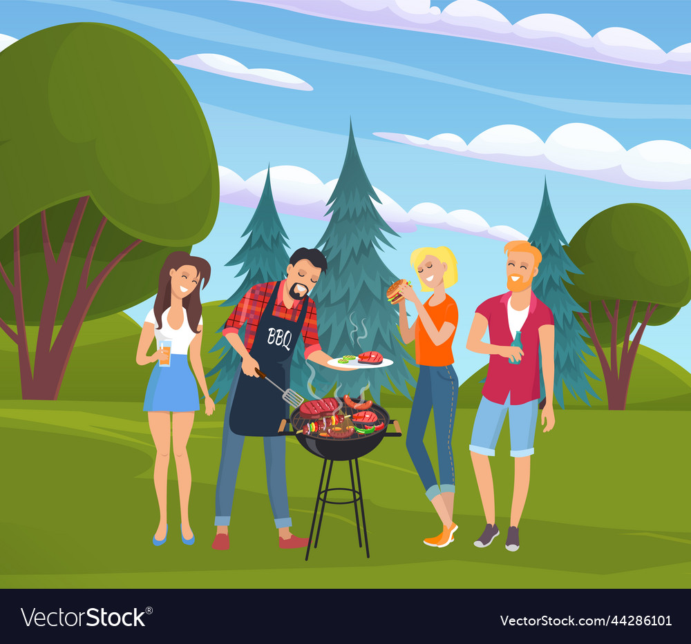 People grilling meat outdoor friends preparing Vector Image