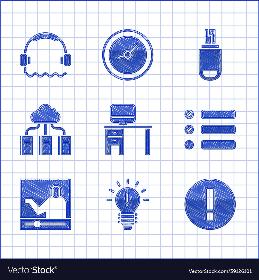 Set computer monitor and desk light bulb vector image Set computer monitor and desk light bulb