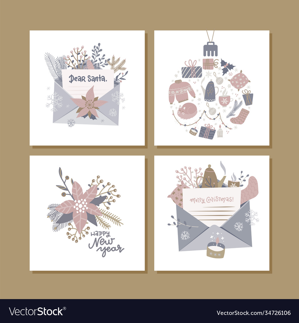 Christmas square greeting cards with cute hygge