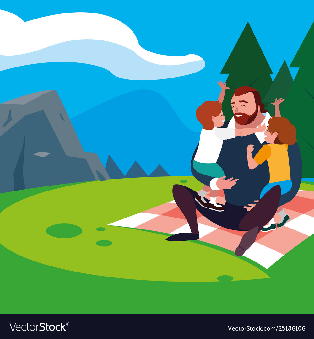 Father with sons characters in field picnic