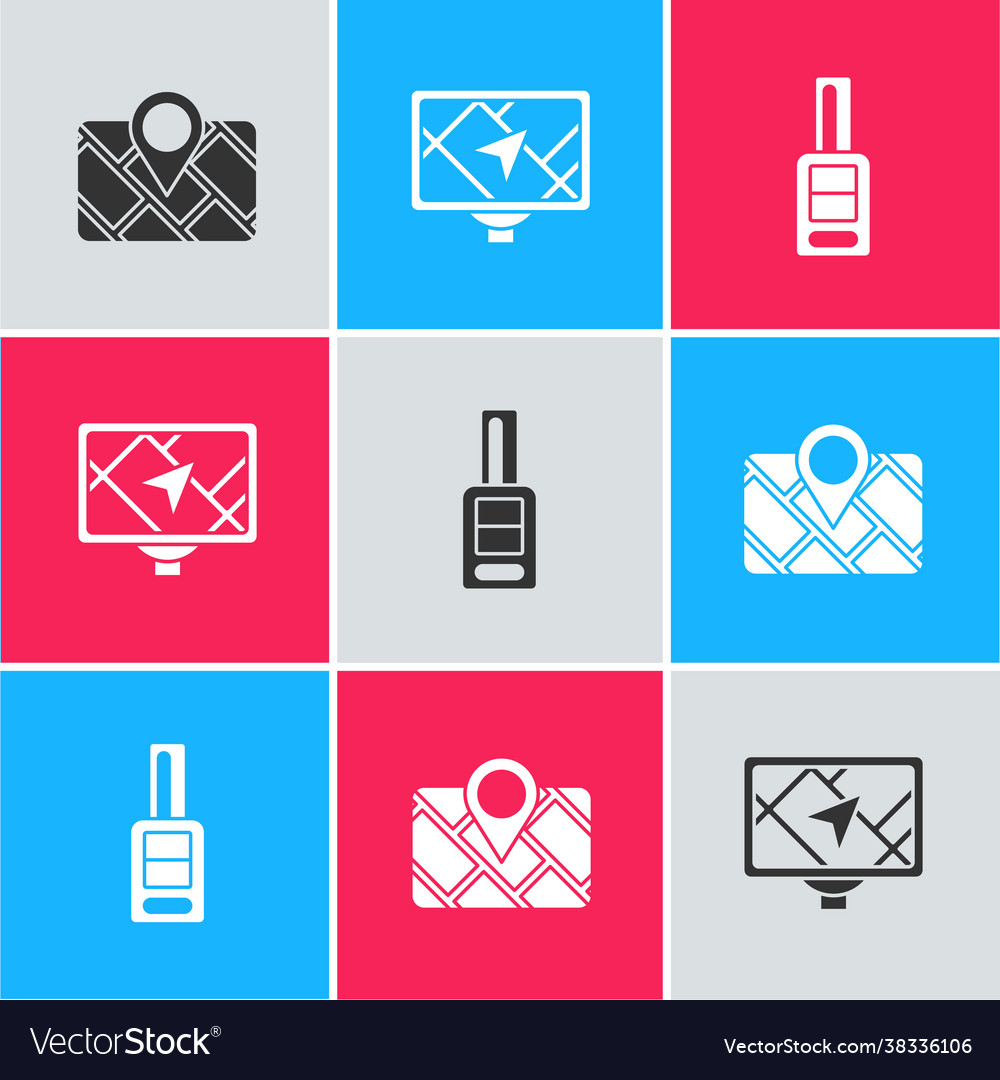 Set gps device with map and car key remote icon vector image Set gps device with map and car key remote icon