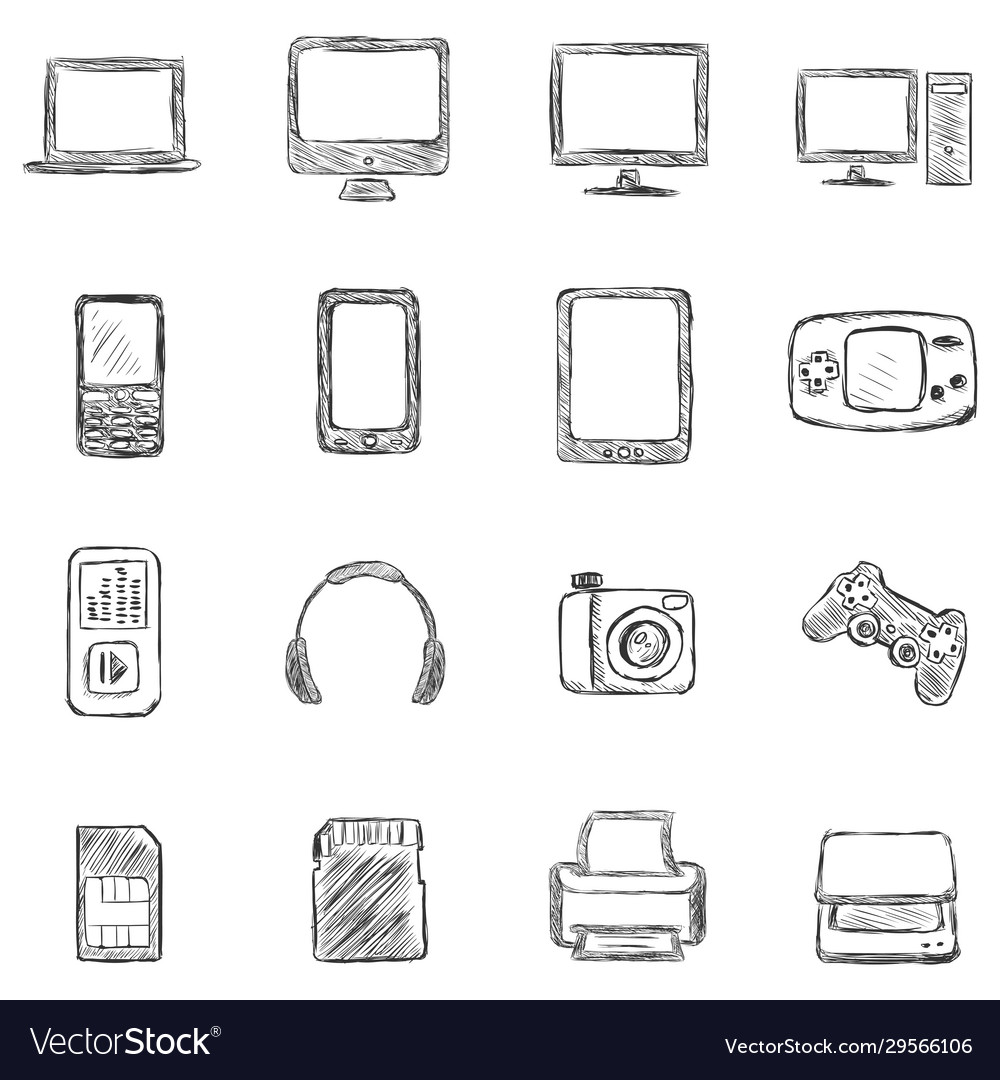 Set sketch computer devices icons vector image Set sketch computer devices icons