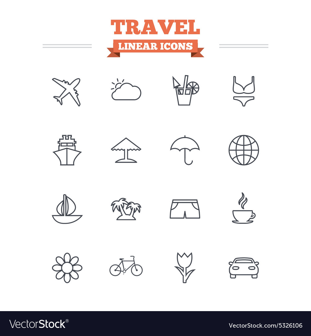 Travel linear icons set thin outline signs