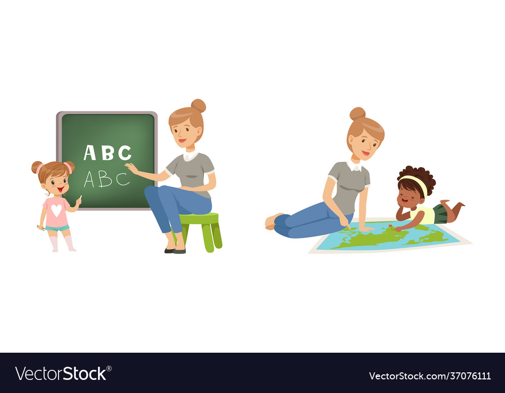 Cute Little Girl Sitting Studying And Learning Vector Image