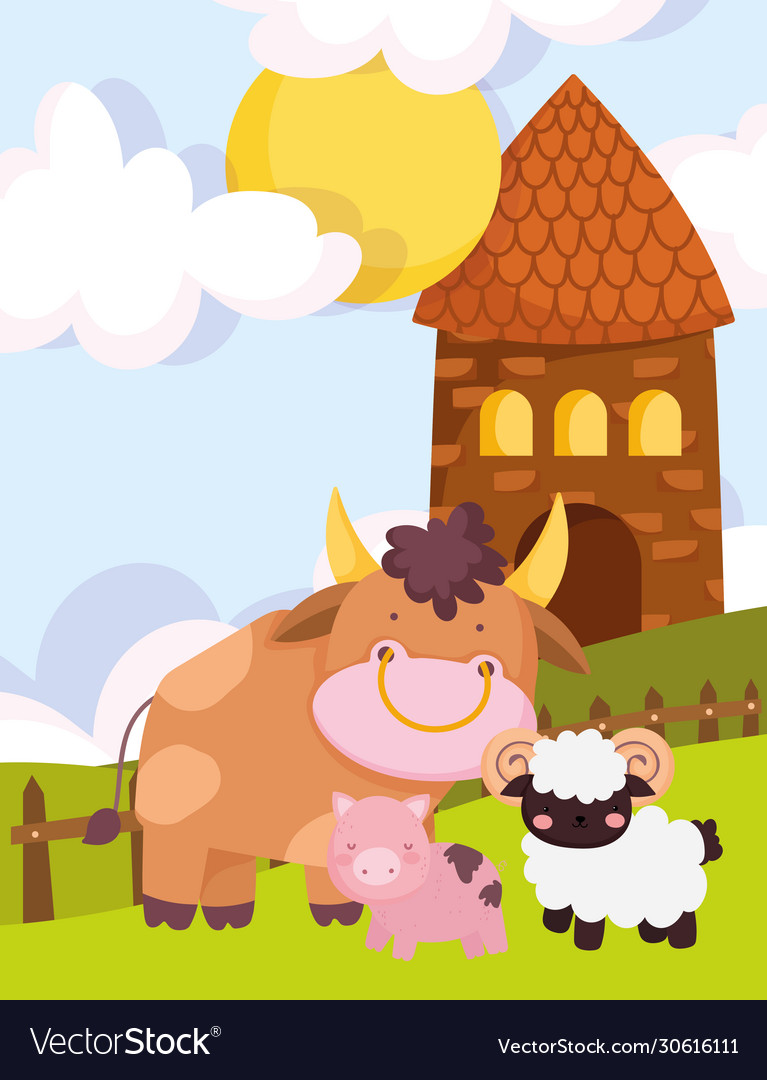 Bauernhof Tiere Schwein Bulle und Ziegenhaus Gras sonnig