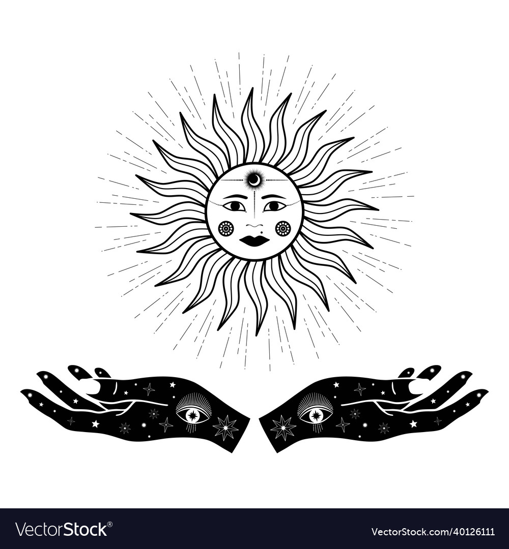 Hand drawn sun with woman hands moon eye Vector Image