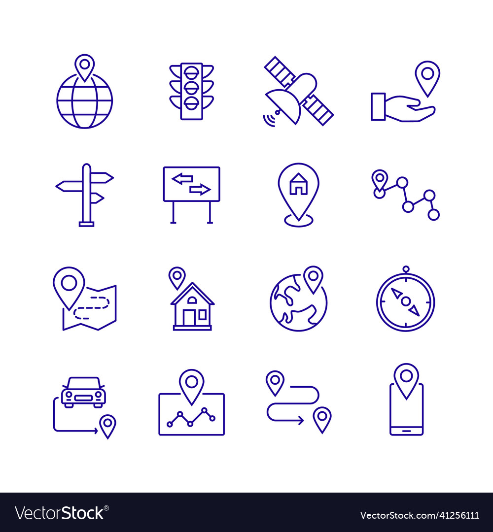 Journey navigation map line icon set path trip vector image Journey navigation map line icon set path trip