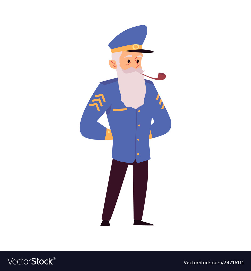 Old bearded captain in uniform smokes a pipe flat