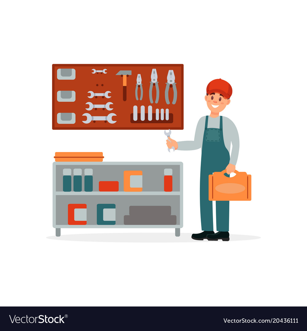 Professional auto mechanic in uniform with toolbox