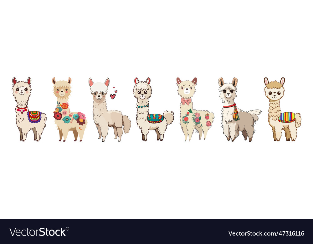 Cute cartoon llama alpaca set