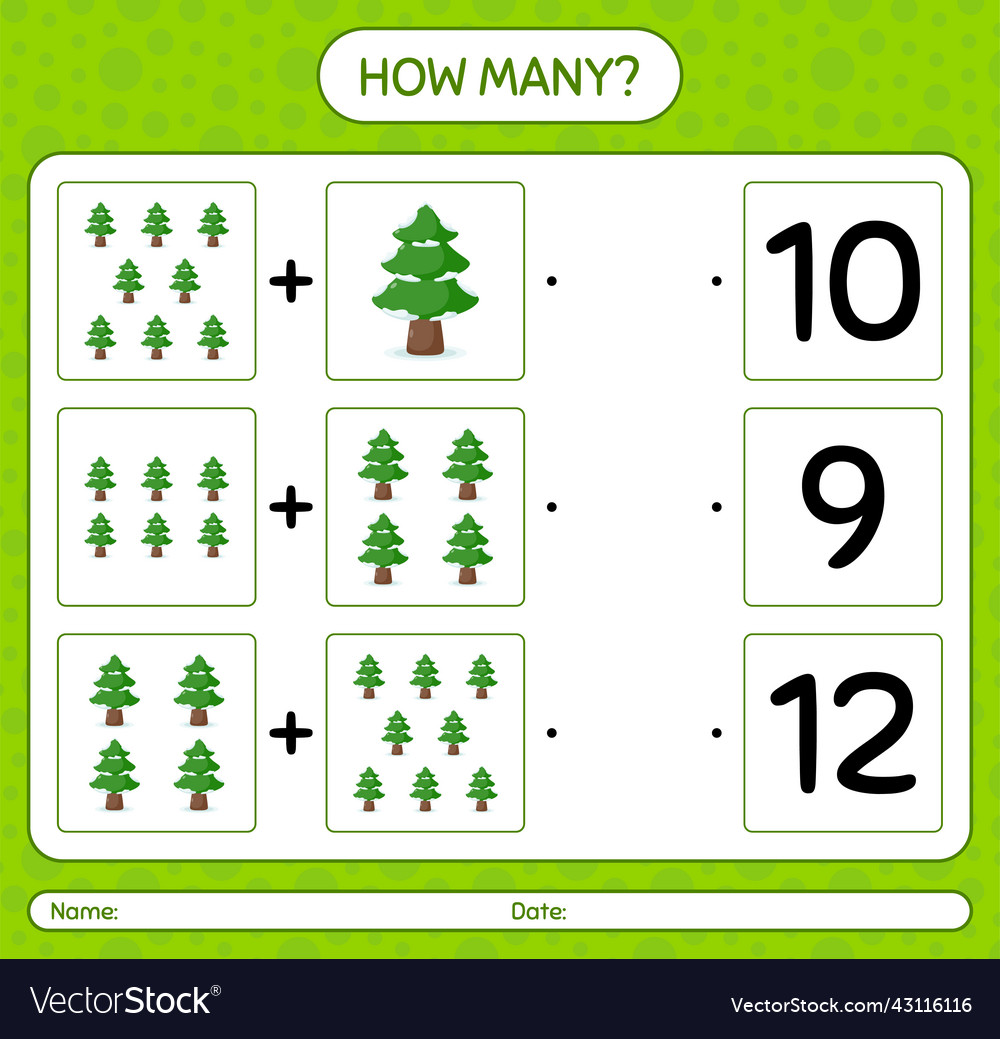 How many counting game with pine tree worksheet vector image How many counting game with pine tree worksheet