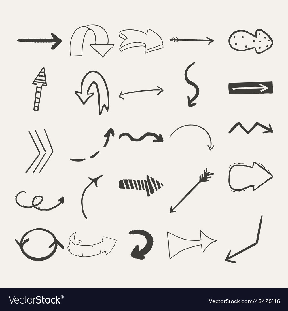 Set arrow pointer ink lines textured shapes hand vector image Set arrow pointer ink lines textured shapes hand