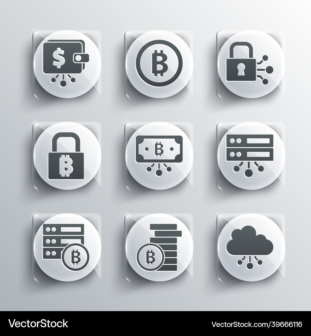 Set bitcoin cryptocurrency cloud mining server Vector Image