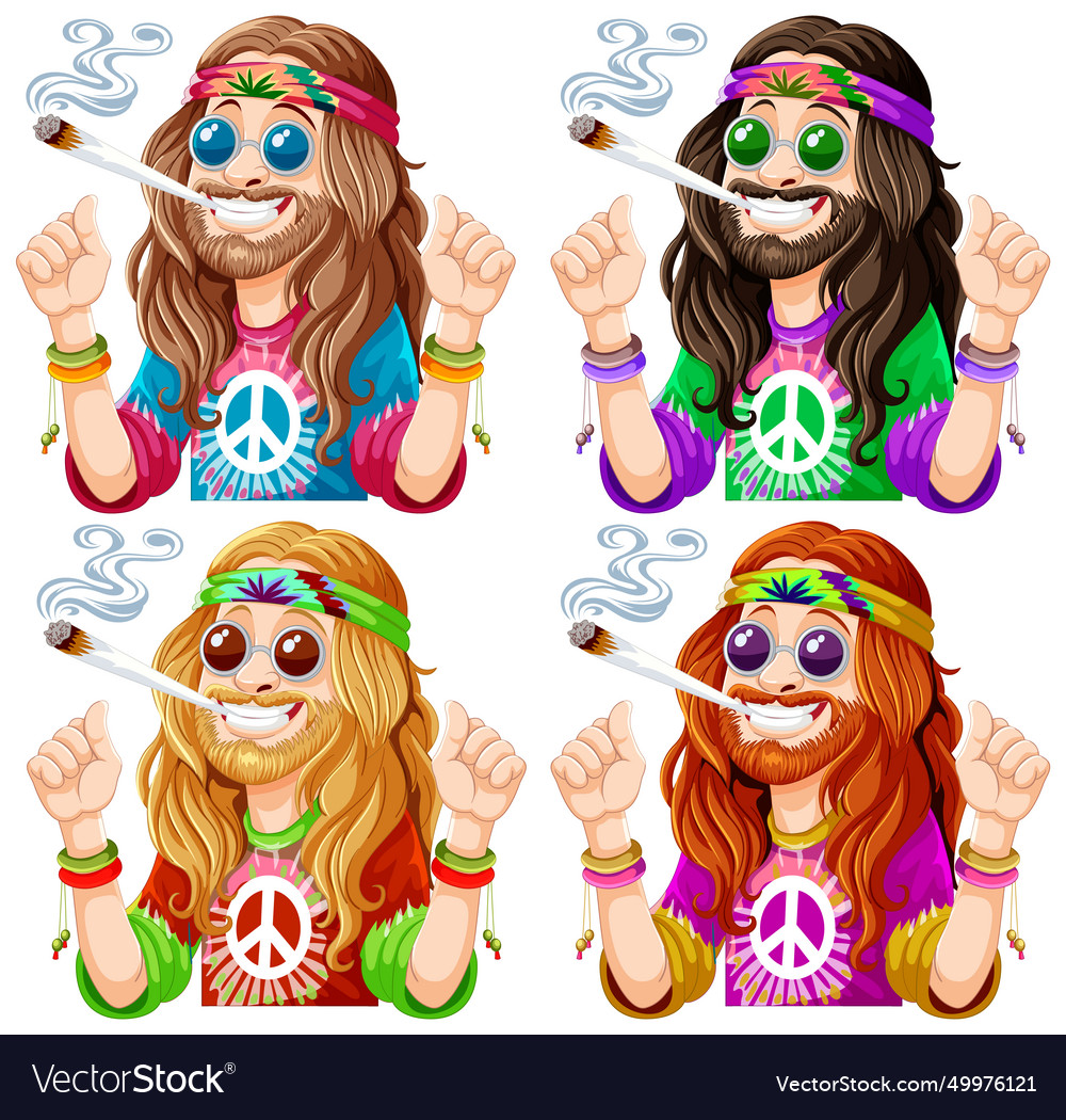 Four expressions of a cartoon hippie character Vector Image